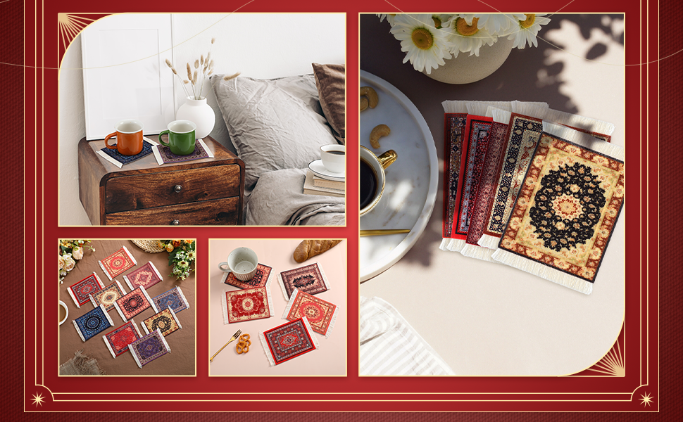 Preboun 10 Pcs Rug Table Coasters Table Drink Holder Vintage Oriental Design Fabric Carpet Drink Mat Moroccan Oriental Design Fabric Elegant Carpet Middle Eastern Gifts for Home Kitchen Bar(Classic)