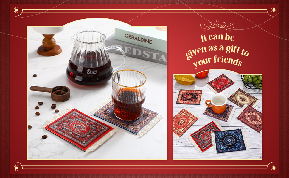 Preboun 10 Pcs Rug Table Coasters Table Drink Holder Vintage Oriental Design Fabric Carpet Drink Mat Moroccan Oriental Design Fabric Elegant Carpet Middle Eastern Gifts for Home Kitchen Bar(Classic)