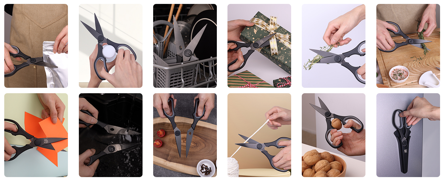 Linoroso Kitchen Scissors All Purpose Kitchen Shears with Magnetic Holder, Soft Grip Handle Cooking Scissors Dishwasher Safe with Come Apart Blade Heavy Duty Scissors for Meat, Vegetable, Herb, Black