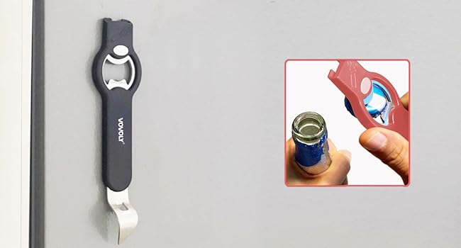 3-in-1 Magnetic Bottle and Can Opener for Refrigerator, Stainless Steel Manual Can Punch Opener for Liquid with Cap Catcher, Stick to Fridge for Easy Storage, Can Tapper Church Key with Magnet (Black)