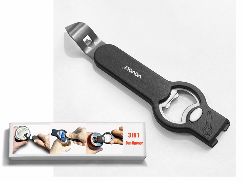 3-in-1 Magnetic Bottle and Can Opener for Refrigerator, Stainless Steel Manual Can Punch Opener for Liquid with Cap Catcher, Stick to Fridge for Easy Storage, Can Tapper Church Key with Magnet (Black)