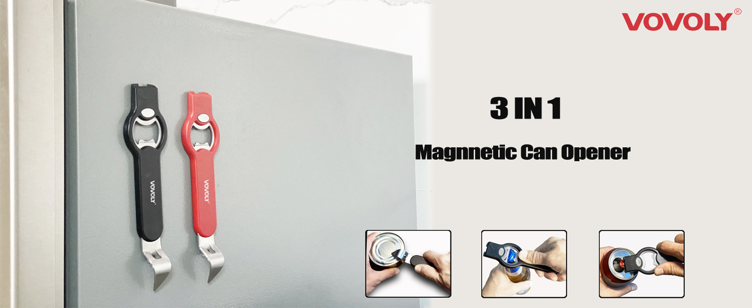 3-in-1 Magnetic Bottle and Can Opener for Refrigerator, Stainless Steel Manual Can Punch Opener for Liquid with Cap Catcher, Stick to Fridge for Easy Storage, Can Tapper Church Key with Magnet (Black)