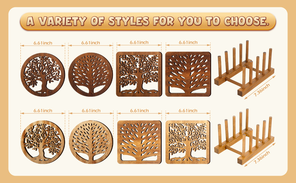 5 Pcs Life Tree Wooden Trivets with Storage Rack Hot Pads Trivets for Hot Dishes Pots and Pans Heat Resistant Mat Set Tea Pot Holders for Kitchen Dining Table(Dark Wood)