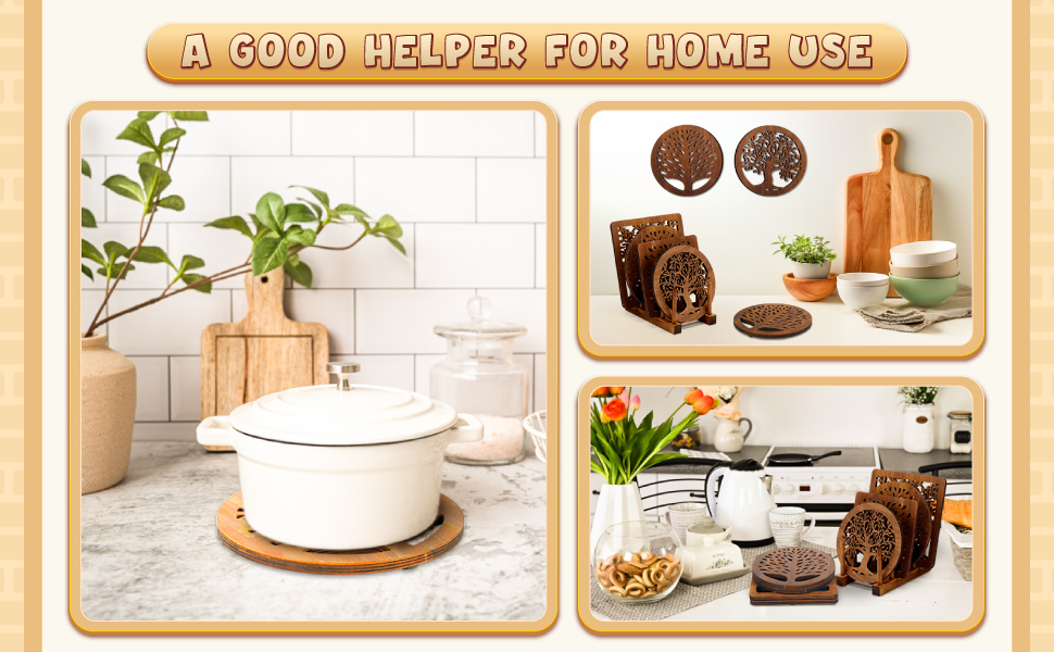 5 Pcs Life Tree Wooden Trivets with Storage Rack Hot Pads Trivets for Hot Dishes Pots and Pans Heat Resistant Mat Set Tea Pot Holders for Kitchen Dining Table(Dark Wood)