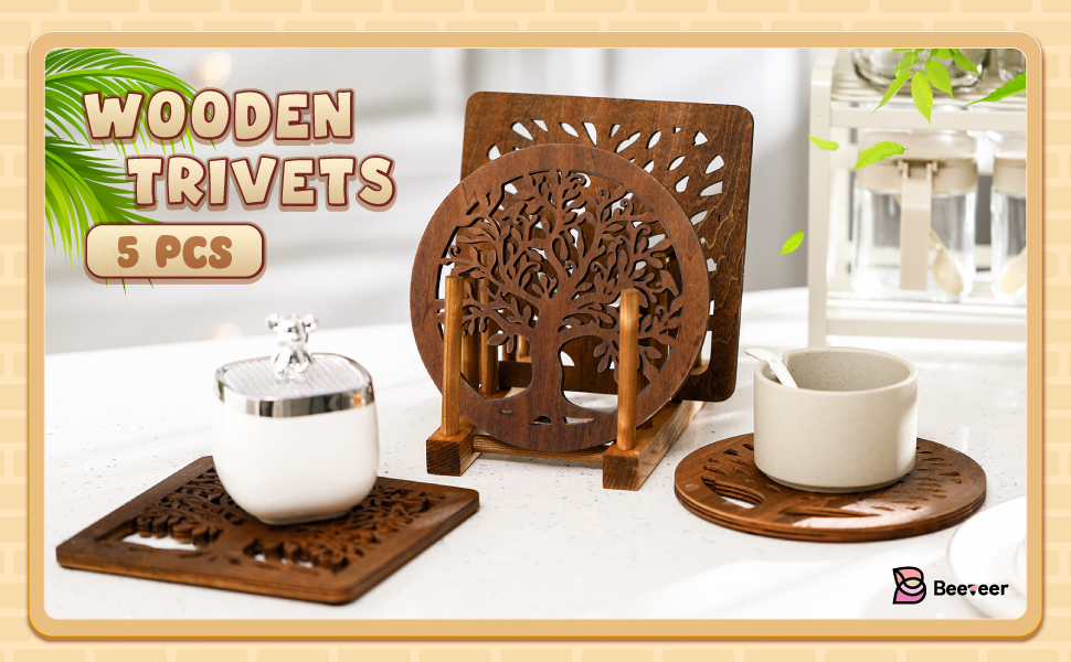 5 Pcs Life Tree Wooden Trivets with Storage Rack Hot Pads Trivets for Hot Dishes Pots and Pans Heat Resistant Mat Set Tea Pot Holders for Kitchen Dining Table(Dark Wood)