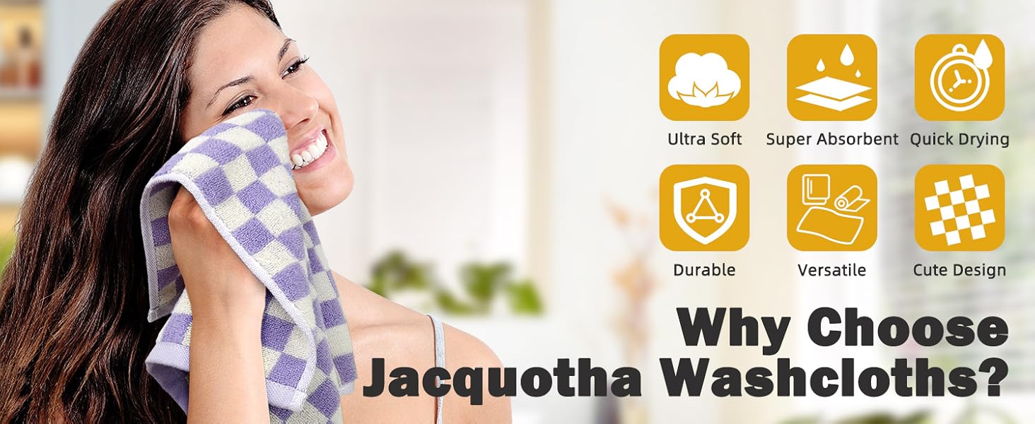 Jacquotha Wash Cloths Checkered 4 Pack 4 Colors - Cotton Washcloths for Face Body, 13 x 13 Inches Daily Cleansing Kitchen Towels