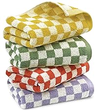 Jacquotha Wash Cloths Checkered 4 Pack 4 Colors - Cotton Washcloths for Face Body, 13 x 13 Inches Daily Cleansing Kitchen Towels