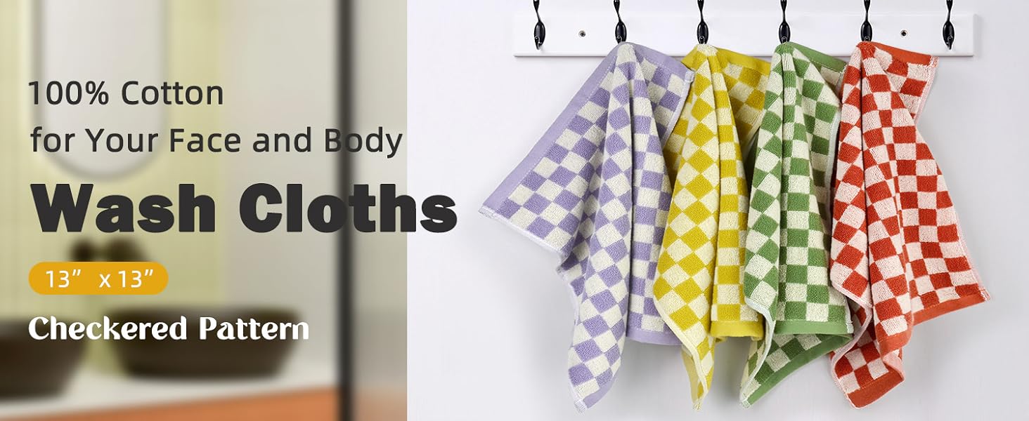 Jacquotha Wash Cloths Checkered 4 Pack 4 Colors - Cotton Washcloths for Face Body, 13 x 13 Inches Daily Cleansing Kitchen Towels