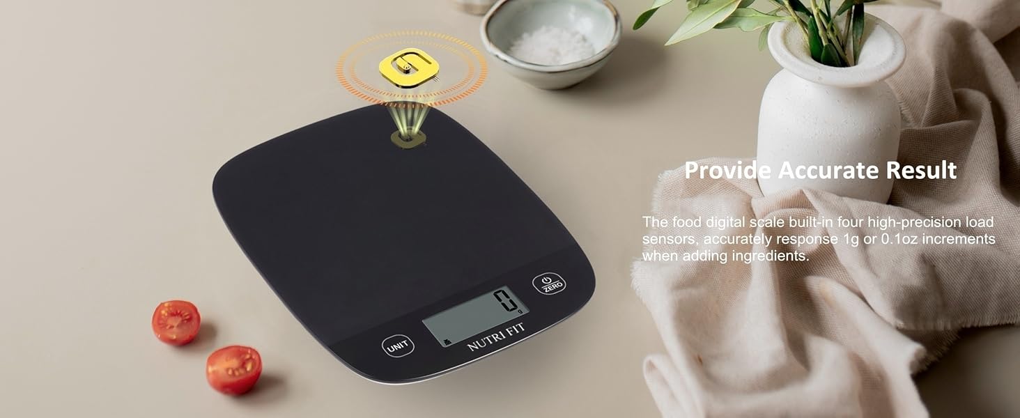 NUTRI FIT Food Scale for Kitchen Scales Digital Weight Grams and Ounces, Baking Scale Accurate for Weight Loss, Cooking, Coffee, Keto Diet, Meal Prep, 0.1oz Ultra Slim Smart Tare Black