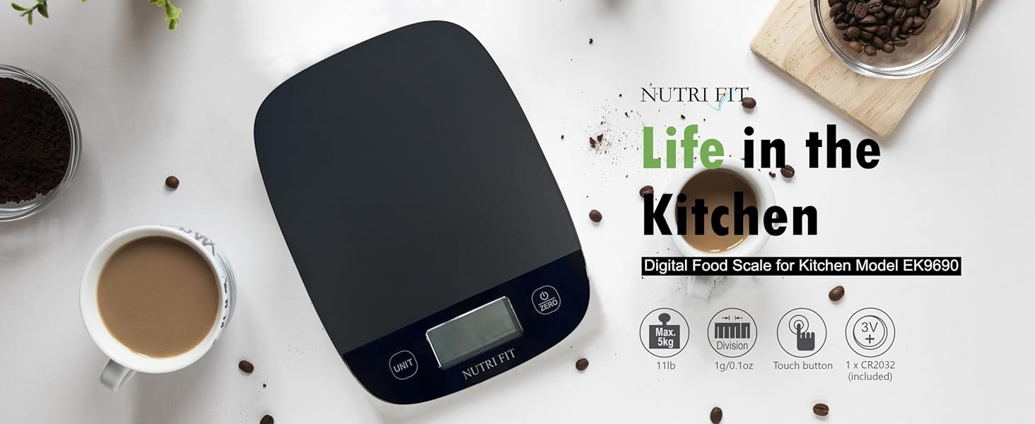 NUTRI FIT Food Scale for Kitchen Scales Digital Weight Grams and Ounces, Baking Scale Accurate for Weight Loss, Cooking, Coffee, Keto Diet, Meal Prep, 0.1oz Ultra Slim Smart Tare Black