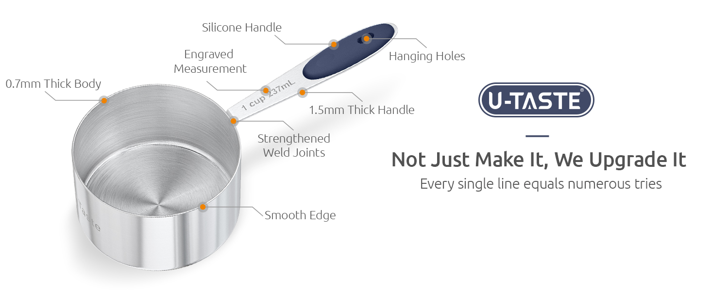 U-Taste Measuring Cups and Spoons: Food Grade 18/8 Stainless Steel Metal Measure Cups and Spoons Set of 10, Upgraded Thickness Handle (Midnight Blue)