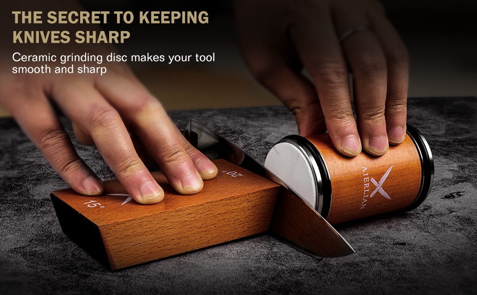 Knife Sharpener Tool, Rolling Knife Sharpener Kit, Knife Sharpening with Diamonds and Ceramic for Steel of Any Hardness, Kitchen knife Sharpener with 15 & 20 Degree Magnetic Angle(Brown)