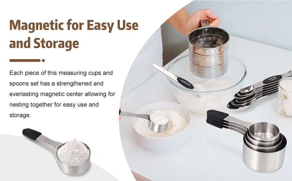 Magnetic Measuring cups and spoons Set, 5 Stainless Steel Magnetic Measuring Cup and 8 Double Sided Measuring Spoons with 1 Leveler，Kitchen Gadgets for Cooking & Baking