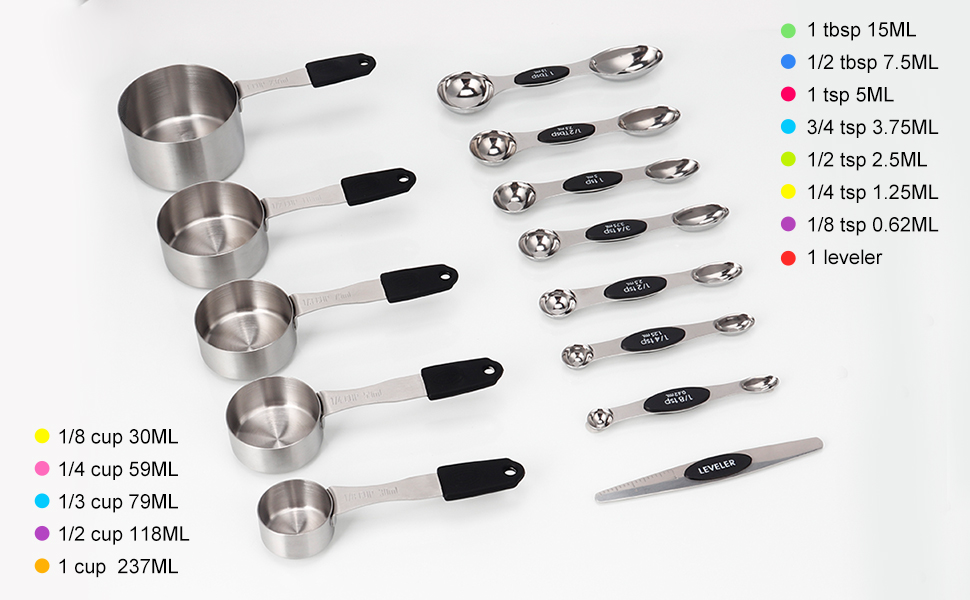 Magnetic Measuring cups and spoons Set, 5 Stainless Steel Magnetic Measuring Cup and 8 Double Sided Measuring Spoons with 1 Leveler，Kitchen Gadgets for Cooking & Baking