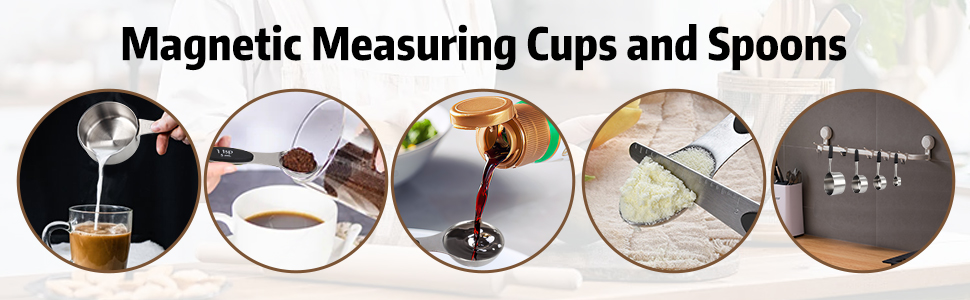 Magnetic Measuring cups and spoons Set, 5 Stainless Steel Magnetic Measuring Cup and 8 Double Sided Measuring Spoons with 1 Leveler，Kitchen Gadgets for Cooking & Baking