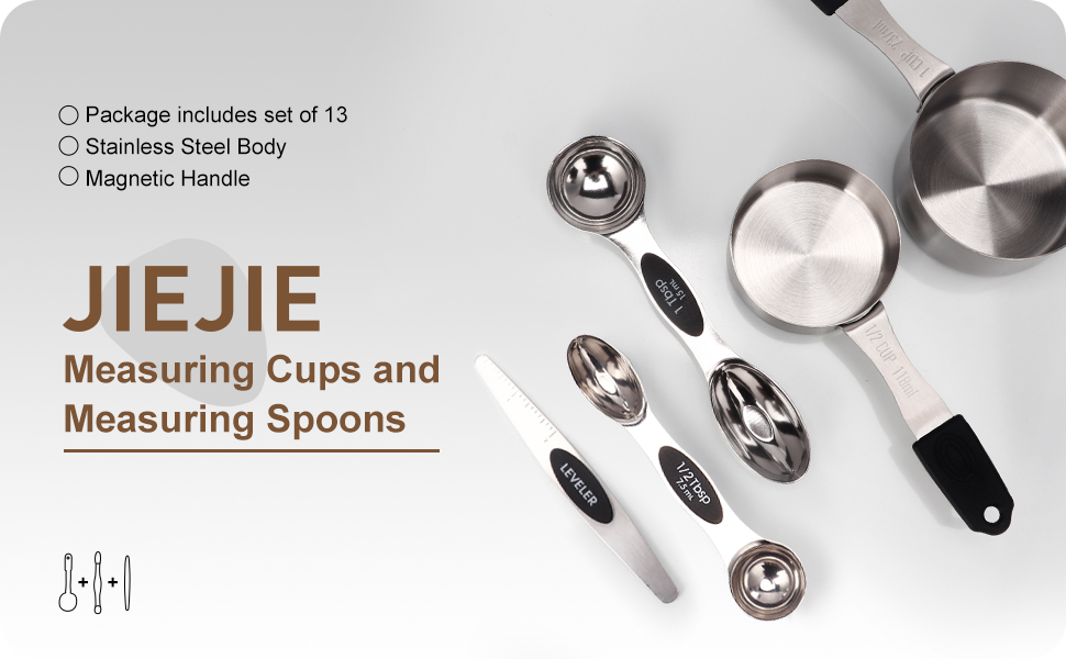 Magnetic Measuring cups and spoons Set, 5 Stainless Steel Magnetic Measuring Cup and 8 Double Sided Measuring Spoons with 1 Leveler，Kitchen Gadgets for Cooking & Baking