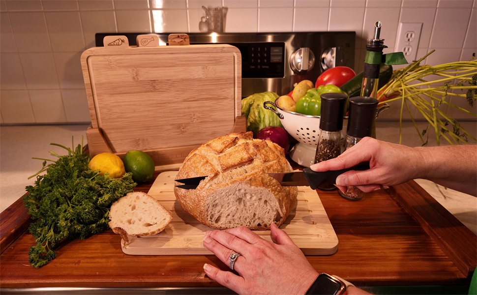 12.6"L x 9"W Bamboo Cutting Board Set of 4 - Wood Cutting Board Set with Holder, Chopping Boards Set with Food Icons, Juice Groove - Ideal for Meat, Fish, Bread, Vegetable, Fruit Chopping