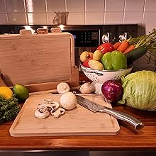 12.6"L x 9"W Bamboo Cutting Board Set of 4 - Wood Cutting Board Set with Holder, Chopping Boards Set with Food Icons, Juice Groove - Ideal for Meat, Fish, Bread, Vegetable, Fruit Chopping