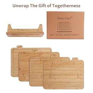12.6"L x 9"W Bamboo Cutting Board Set of 4 - Wood Cutting Board Set with Holder, Chopping Boards Set with Food Icons, Juice Groove - Ideal for Meat, Fish, Bread, Vegetable, Fruit Chopping