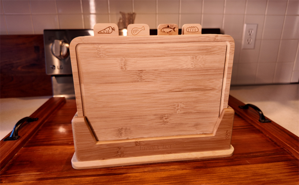 12.6"L x 9"W Bamboo Cutting Board Set of 4 - Wood Cutting Board Set with Holder, Chopping Boards Set with Food Icons, Juice Groove - Ideal for Meat, Fish, Bread, Vegetable, Fruit Chopping