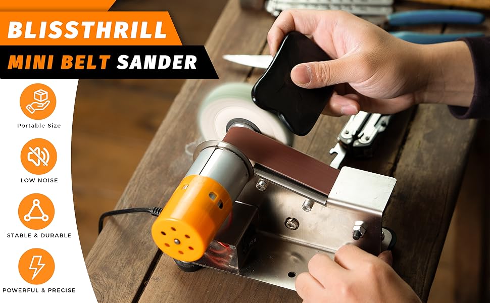 Mini Belt Sander, Electric Small Sander Knife Making Supplies, 7 Adjustable Speed Electric Knife Sharpener, Power Belt Grinder for Woodworking, Metal Working DIY (6.5'' x 6.8'' x 4.8'')