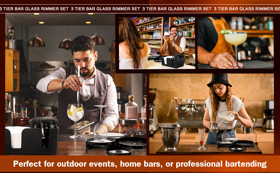 Mifoci 3 Tier Bar Glass Rimmer Bartender Tool with 12 Pcs Stainless Steel Classic Bottle Pourers, Bar Caddy with 6 Compartment, 1000 Pcs Coffee Cocktail Stirrers, 200 Napkins (Plastic)