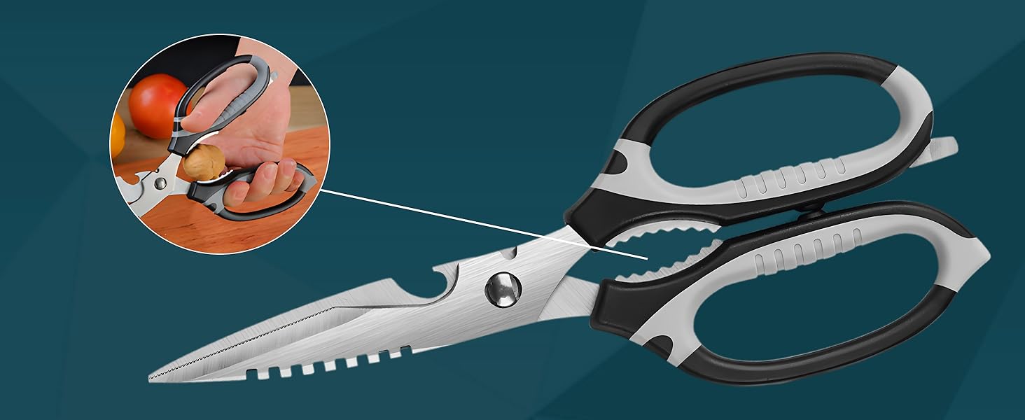 Kitchen Scissors, 9-Inch Heavy Duty Multipurpose Food Cutting Shears, Detachable Dishwasher Safe, Sharp Serrated Blade, Ergonomic Non-Slip Handle for Food, Meat, Herbs, Black