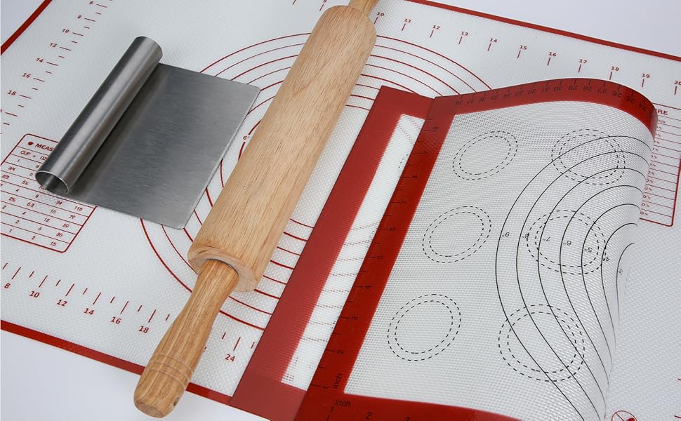 GreatChef Wood Rolling Pin 17.8 Inch for Dough with Pastry Scraper/Cutter & 2 PCS Heat-resistant Silicone Baking Mat, Non-stick, for Cookie, Pie, Macaroon, bread, Baking Pasry Tools Set