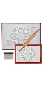 GreatChef Wood Rolling Pin 17.8 Inch for Dough with Pastry Scraper/Cutter & 2 PCS Heat-resistant Silicone Baking Mat, Non-stick, for Cookie, Pie, Macaroon, bread, Baking Pasry Tools Set