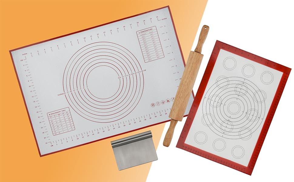 GreatChef Wood Rolling Pin 17.8 Inch for Dough with Pastry Scraper/Cutter & 2 PCS Heat-resistant Silicone Baking Mat, Non-stick, for Cookie, Pie, Macaroon, bread, Baking Pasry Tools Set