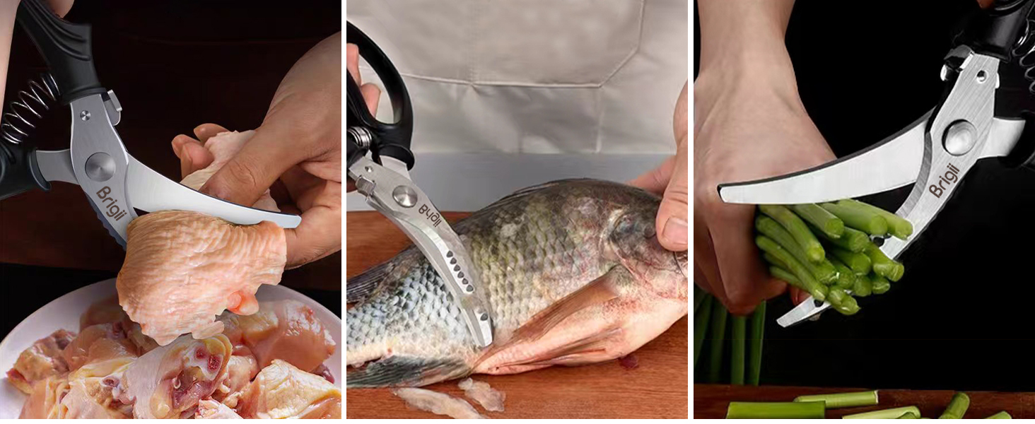 Brigii Kitchen Shears, Stainless Steel Heavy Duty Poultry Shears, Multi-Purpose Kitchen Scissors for Cutting Chicken, Fish, Seafood, and Vegetables, Spring Loaded-KS05Black