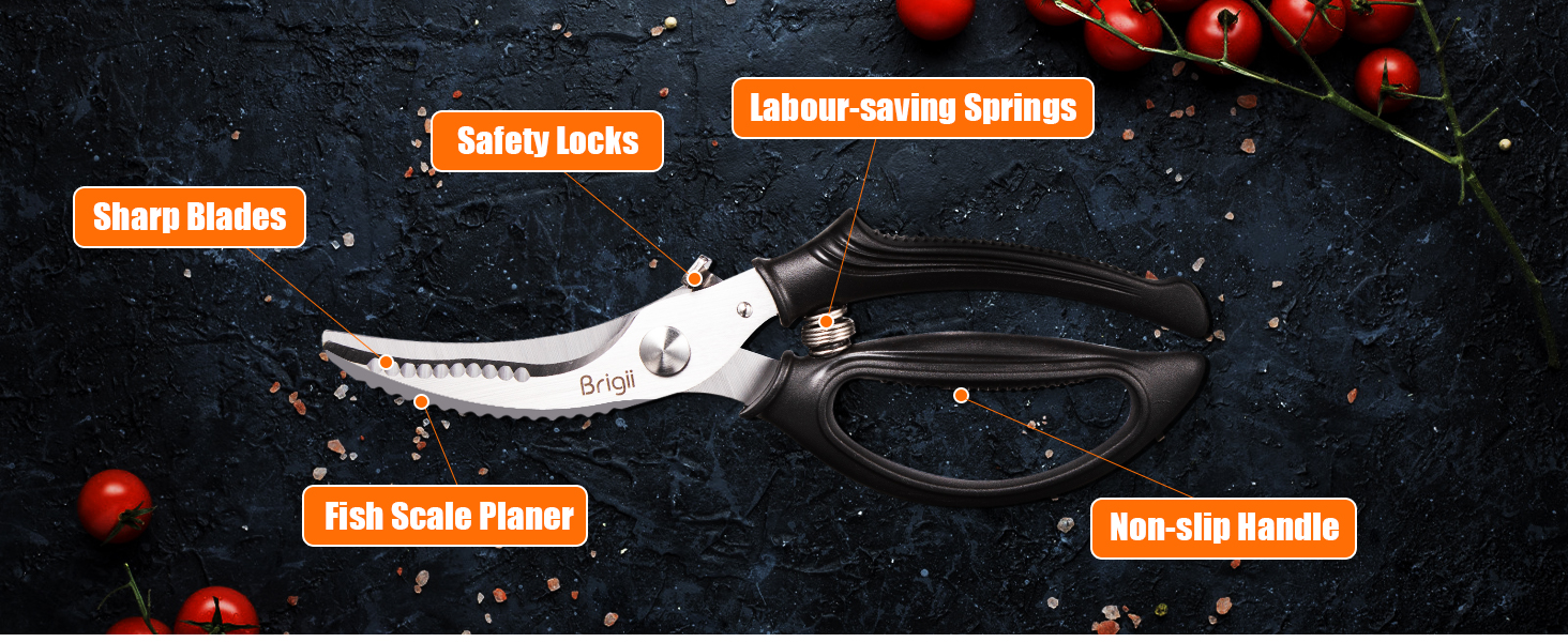 Brigii Kitchen Shears, Stainless Steel Heavy Duty Poultry Shears, Multi-Purpose Kitchen Scissors for Cutting Chicken, Fish, Seafood, and Vegetables, Spring Loaded-KS05Black