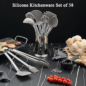 Kitchen Utensils Set, Kyraton 38 Pieces Non-Stick Silicone Cooking Utensils Set, Spoon Spatula Set with Sturdy Stainless Steel Utensil Holder, Dishwasher Safe