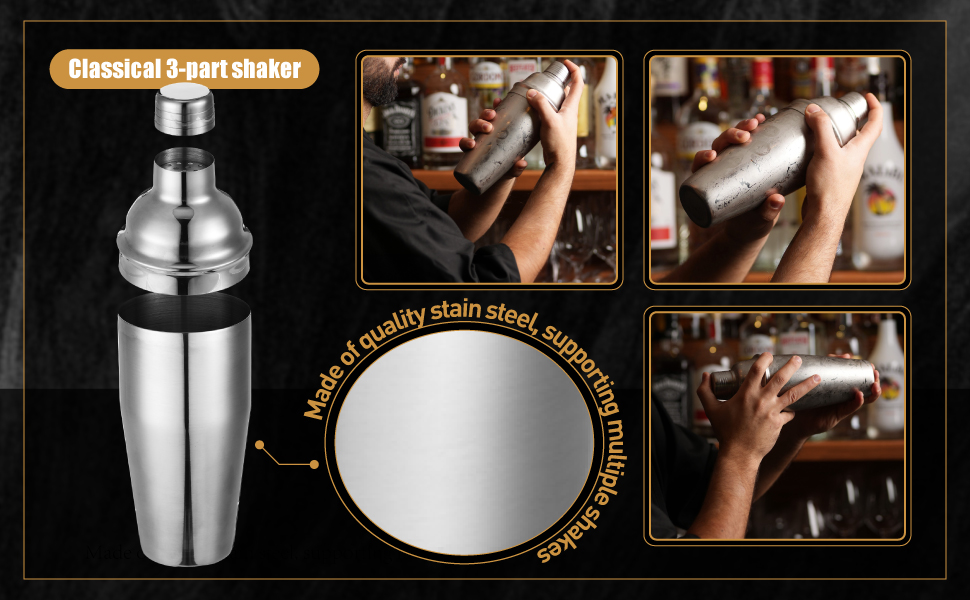 Nitial 6 Pcs Bar Cocktail Shaker Professional Stainless Steel Martini Drink Mixer with Built-in Strainer for Bartending No Leaks Boston Shaker for Bar Party Drink Mixing Tool(18.6 oz,Silver)