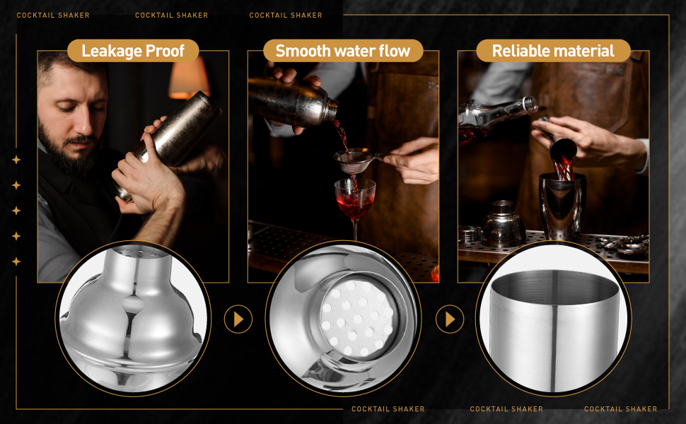 Nitial 6 Pcs Bar Cocktail Shaker Professional Stainless Steel Martini Drink Mixer with Built-in Strainer for Bartending No Leaks Boston Shaker for Bar Party Drink Mixing Tool(18.6 oz,Silver)