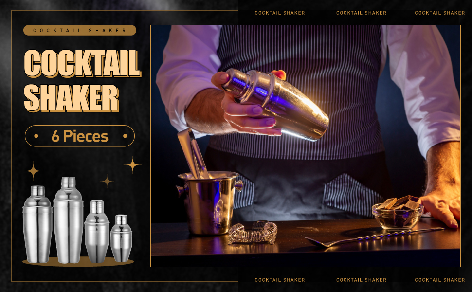 Nitial 6 Pcs Bar Cocktail Shaker Professional Stainless Steel Martini Drink Mixer with Built-in Strainer for Bartending No Leaks Boston Shaker for Bar Party Drink Mixing Tool(18.6 oz,Silver)