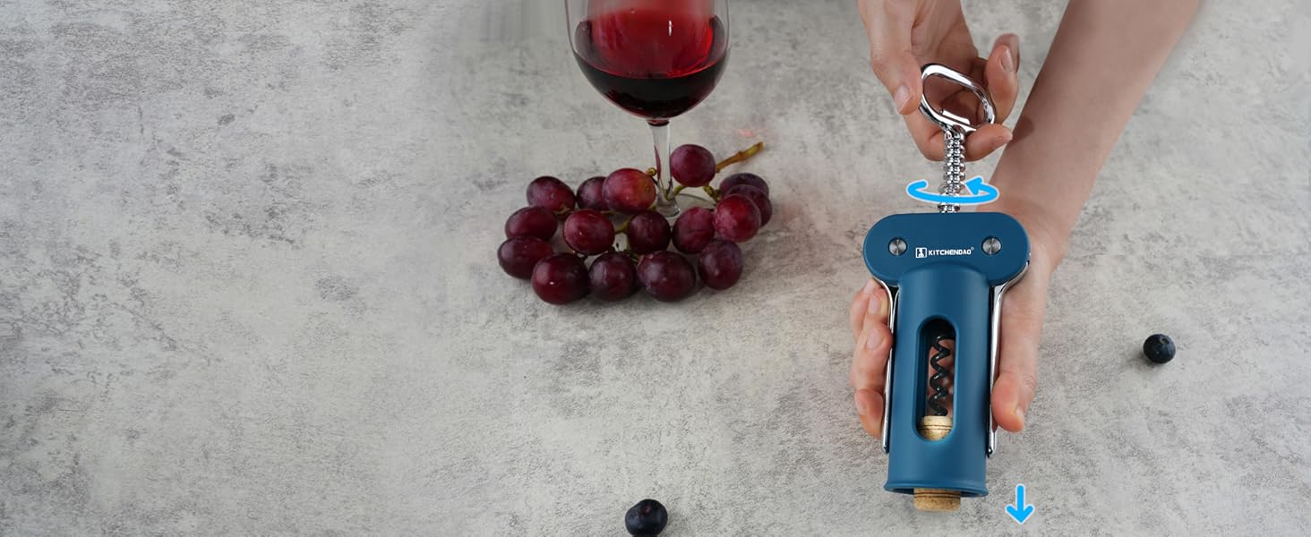 KITCHENDAO 3 in 1 Wing Corkscrew Wine Bottle Opener with Foil Cutter, Built-in Beer Bottle Opener, Multifunctional Wine Opener with Non-Stick Sharp Screw, Easy to Use, Manual Wine Corkscrew, Blue