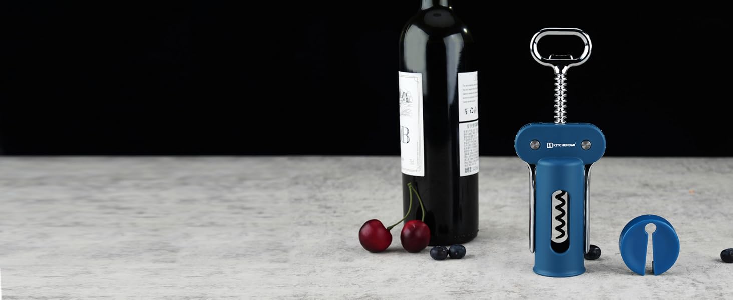 KITCHENDAO 3 in 1 Wing Corkscrew Wine Bottle Opener with Foil Cutter, Built-in Beer Bottle Opener, Multifunctional Wine Opener with Non-Stick Sharp Screw, Easy to Use, Manual Wine Corkscrew, Blue