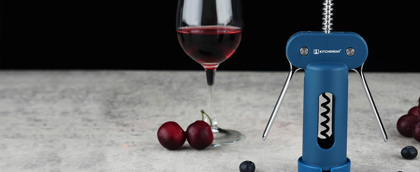 KITCHENDAO 3 in 1 Wing Corkscrew Wine Bottle Opener with Foil Cutter, Built-in Beer Bottle Opener, Multifunctional Wine Opener with Non-Stick Sharp Screw, Easy to Use, Manual Wine Corkscrew, Blue