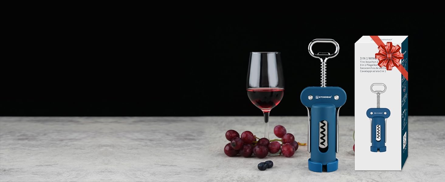 KITCHENDAO 3 in 1 Wing Corkscrew Wine Bottle Opener with Foil Cutter, Built-in Beer Bottle Opener, Multifunctional Wine Opener with Non-Stick Sharp Screw, Easy to Use, Manual Wine Corkscrew, Blue