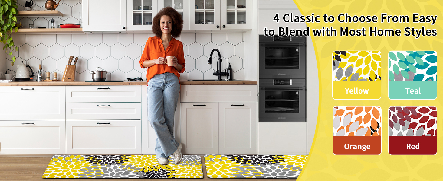 Likiyol Kitchen Mats for Floor [2 PCS] Anti-Fatigue Comfort Kitchen Rugs, Boho Flower Cushioned Waterproof Kitchen Decor Mat Thick, Standing Floor Mats for Home/Office, 18''x30''+18''x48''(Yellow)