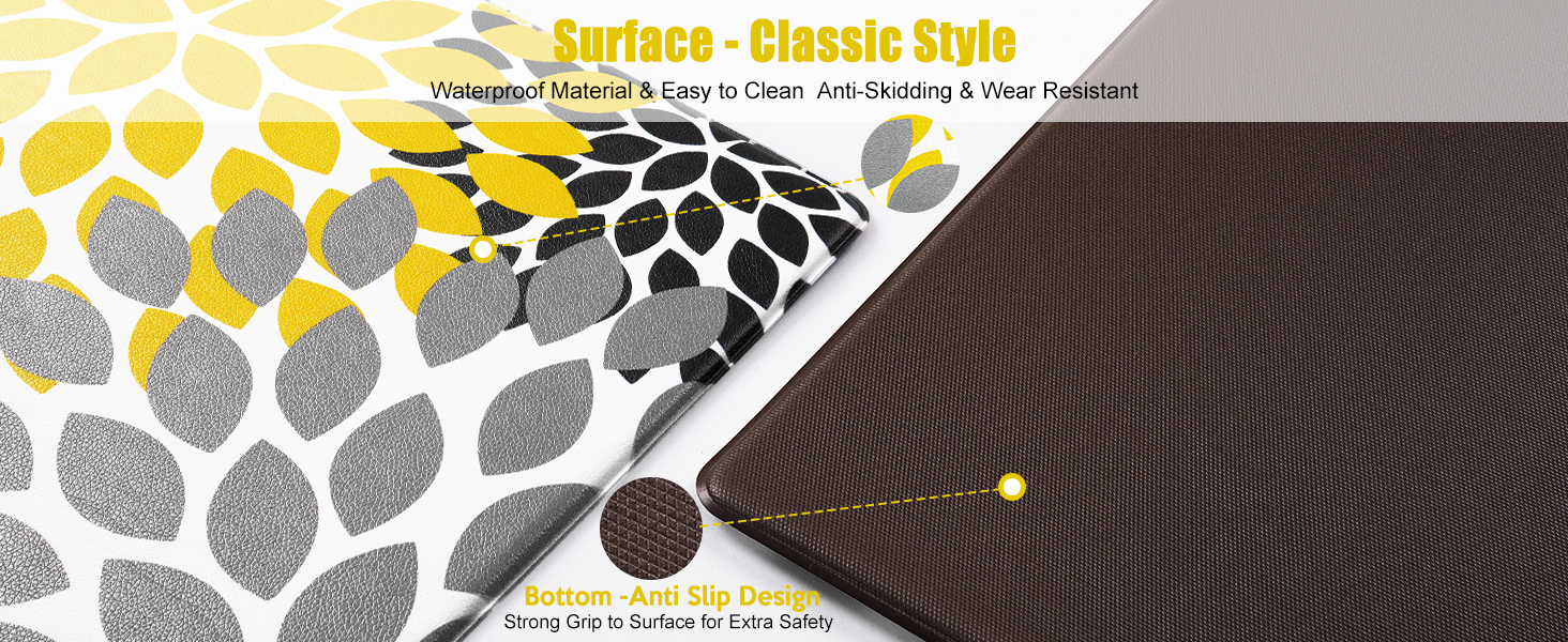 Likiyol Kitchen Mats for Floor [2 PCS] Anti-Fatigue Comfort Kitchen Rugs, Boho Flower Cushioned Waterproof Kitchen Decor Mat Thick, Standing Floor Mats for Home/Office, 18''x30''+18''x48''(Yellow)