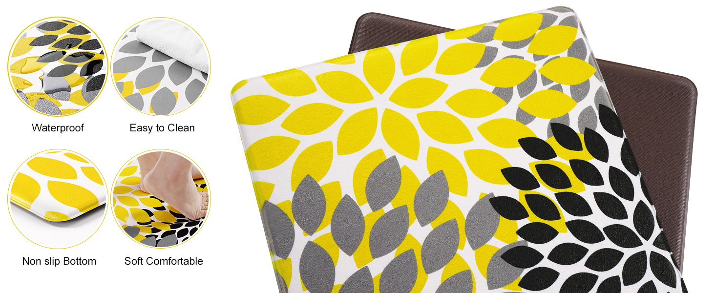 Likiyol Kitchen Mats for Floor [2 PCS] Anti-Fatigue Comfort Kitchen Rugs, Boho Flower Cushioned Waterproof Kitchen Decor Mat Thick, Standing Floor Mats for Home/Office, 18''x30''+18''x48''(Yellow)