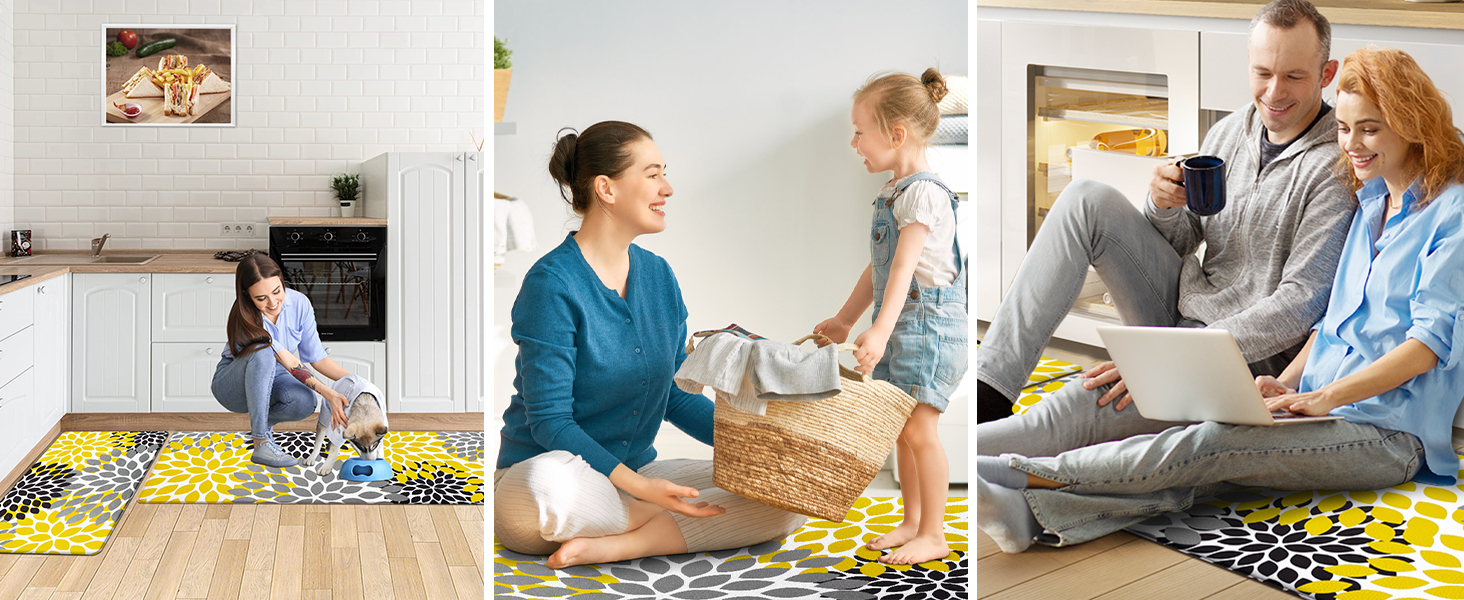 Likiyol Kitchen Mats for Floor [2 PCS] Anti-Fatigue Comfort Kitchen Rugs, Boho Flower Cushioned Waterproof Kitchen Decor Mat Thick, Standing Floor Mats for Home/Office, 18''x30''+18''x48''(Yellow)