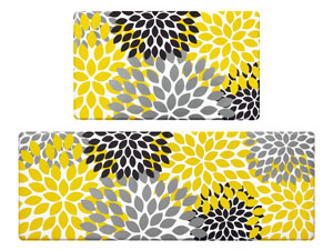 Likiyol Kitchen Mats for Floor [2 PCS] Anti-Fatigue Comfort Kitchen Rugs, Boho Flower Cushioned Waterproof Kitchen Decor Mat Thick, Standing Floor Mats for Home/Office, 18''x30''+18''x48''(Yellow)