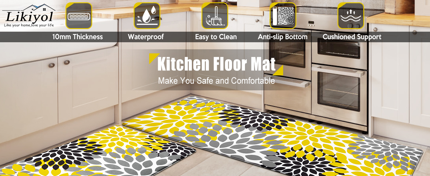 Likiyol Kitchen Mats for Floor [2 PCS] Anti-Fatigue Comfort Kitchen Rugs, Boho Flower Cushioned Waterproof Kitchen Decor Mat Thick, Standing Floor Mats for Home/Office, 18''x30''+18''x48''(Yellow)