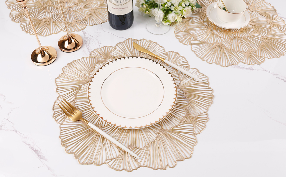 Round Placemats Pressed Vinyl Metallic Flower Place Mats Set of 6 Heat Resistant Dining Table Mats Gold Placemat for Wedding Party Kitchen Decorations
