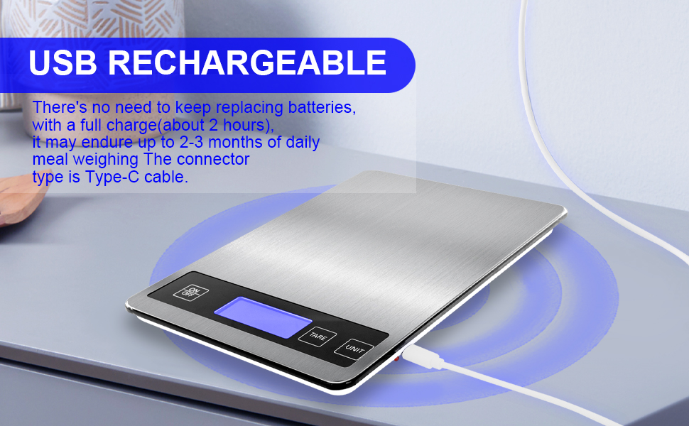 22lb Food Scale, Digital Kitchen Scale Weight Grams and oz for Weight Loss Cooking Baking, 1g/0.1oz Precision, Rechargeable and Waterproof, Stainless Steel and Tempered Glass, Gray Silver