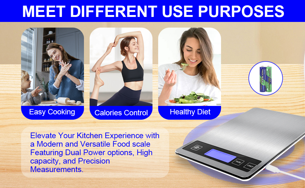 22lb Food Scale, Digital Kitchen Scale Weight Grams and oz for Weight Loss Cooking Baking, 1g/0.1oz Precision, Rechargeable and Waterproof, Stainless Steel and Tempered Glass, Gray Silver