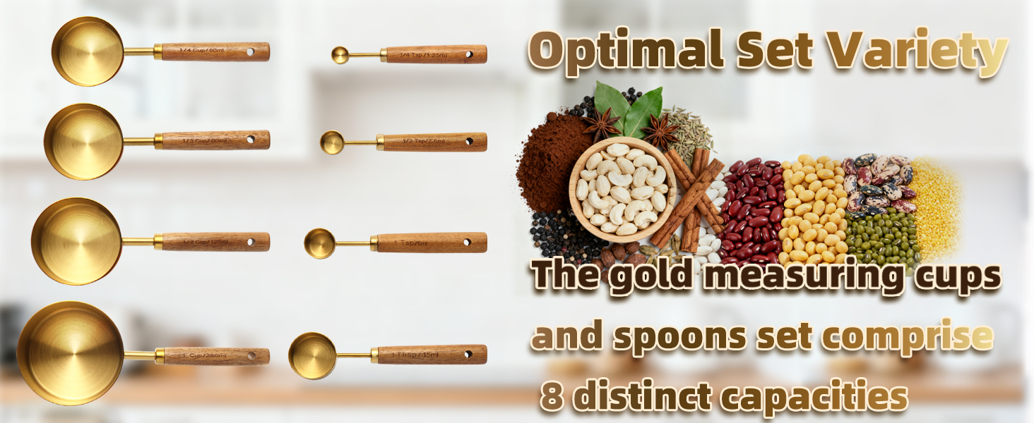 Gold Measuring Cups and Spoons Set,8 Piece Premium Stainless Steel Measuring Cups with Wood Handles,4 Stackable Wooden Measuring Cups and 4 Measuring Spoons Set for Baking Supplies in the Kitchen